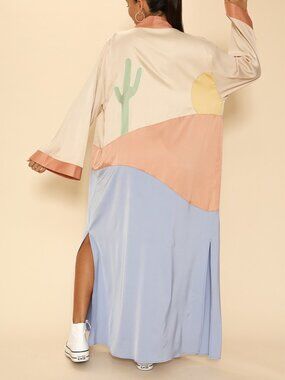 3-0327 Dessert Sun Maxi Kimono - dopamine dressing kimono with cactus and sun